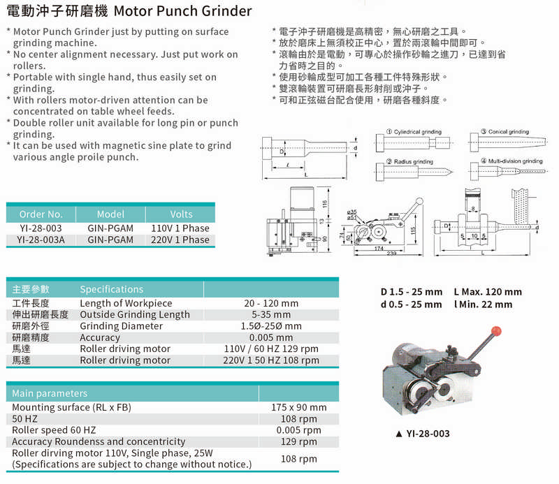 Motor Punch Grinder YI-28-003 Specification, 